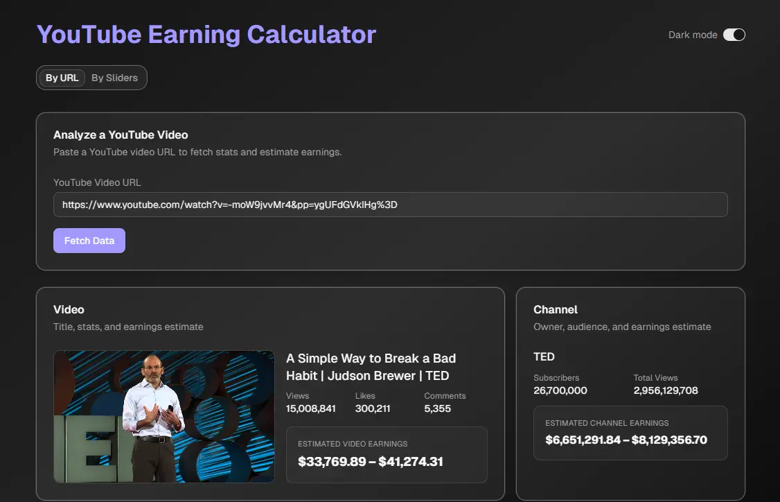 YouTube Money Calculator through url
